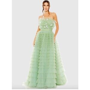 MAC DUGGAL Dress Size 6 Evening Gown Fit Flare Green Ruffle Tulle White Feather